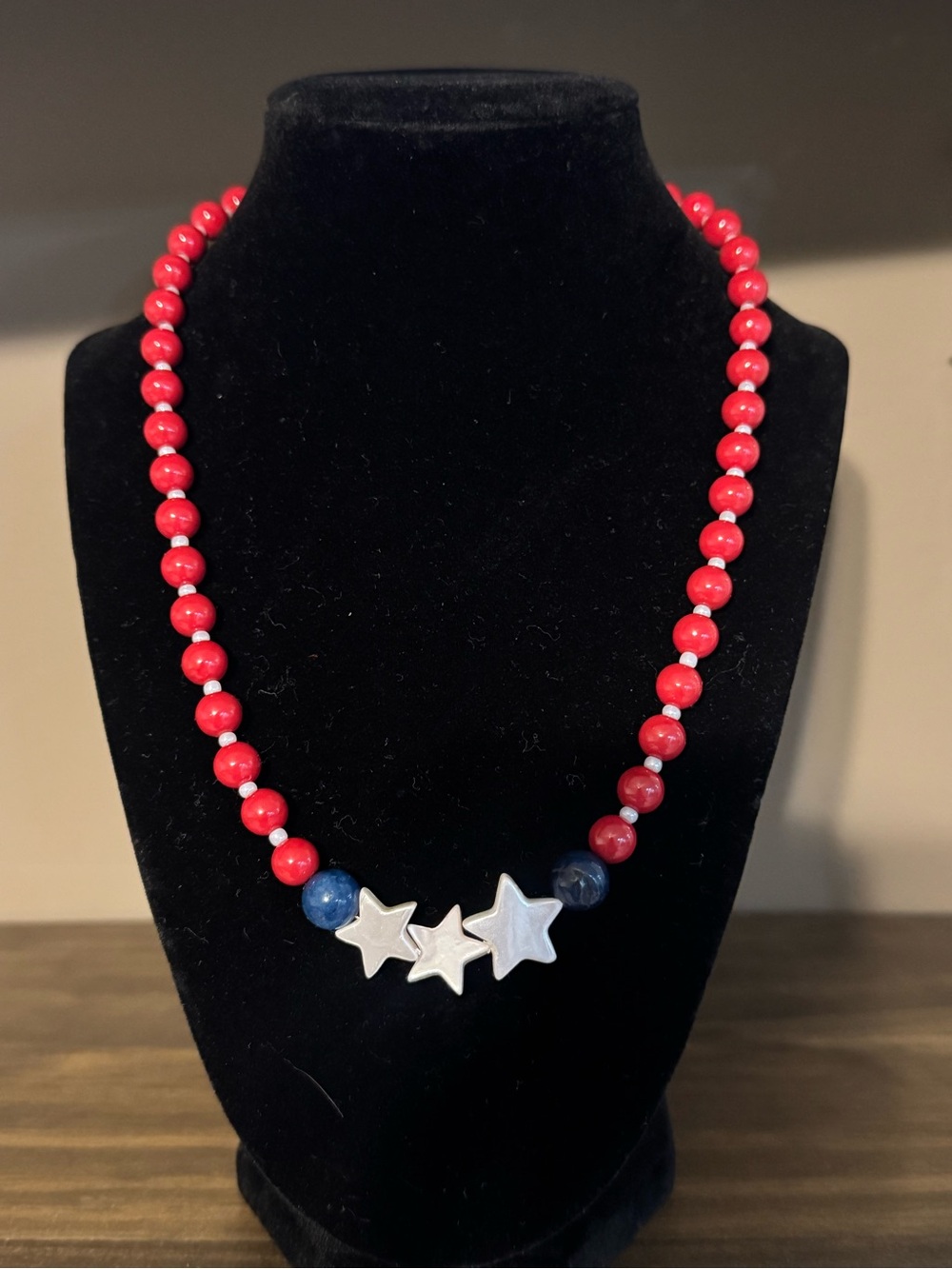 Red Beaded Necklace with Silver Star Charms